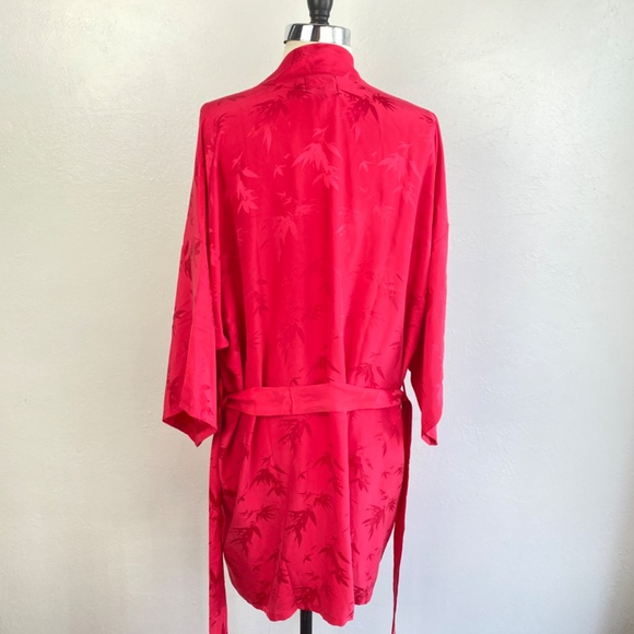 Hot Pink Chinese Peignoir Kimono Short Robe Large Bamboo Leaves Tie Belt Pockets - Picture 12 of 16